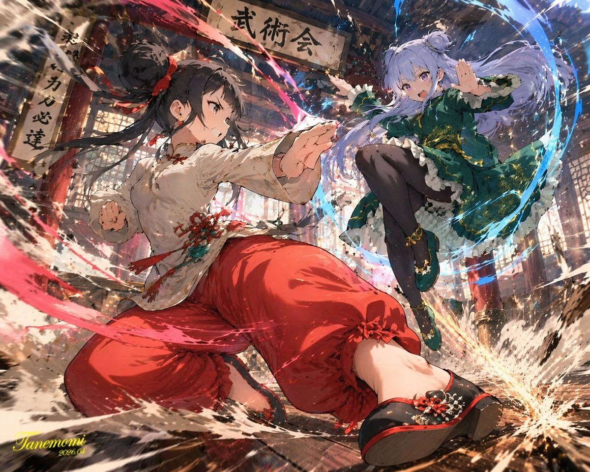 Two young female fighters engage in a high-impact martial arts battle in a traditional dojo, surrounded by swirling energy and debris