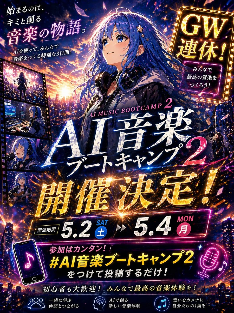 A vibrant anime girl with deep blue hair and headphones stands against a glowing city skyline, promoting AI Music Bootcamp 2.