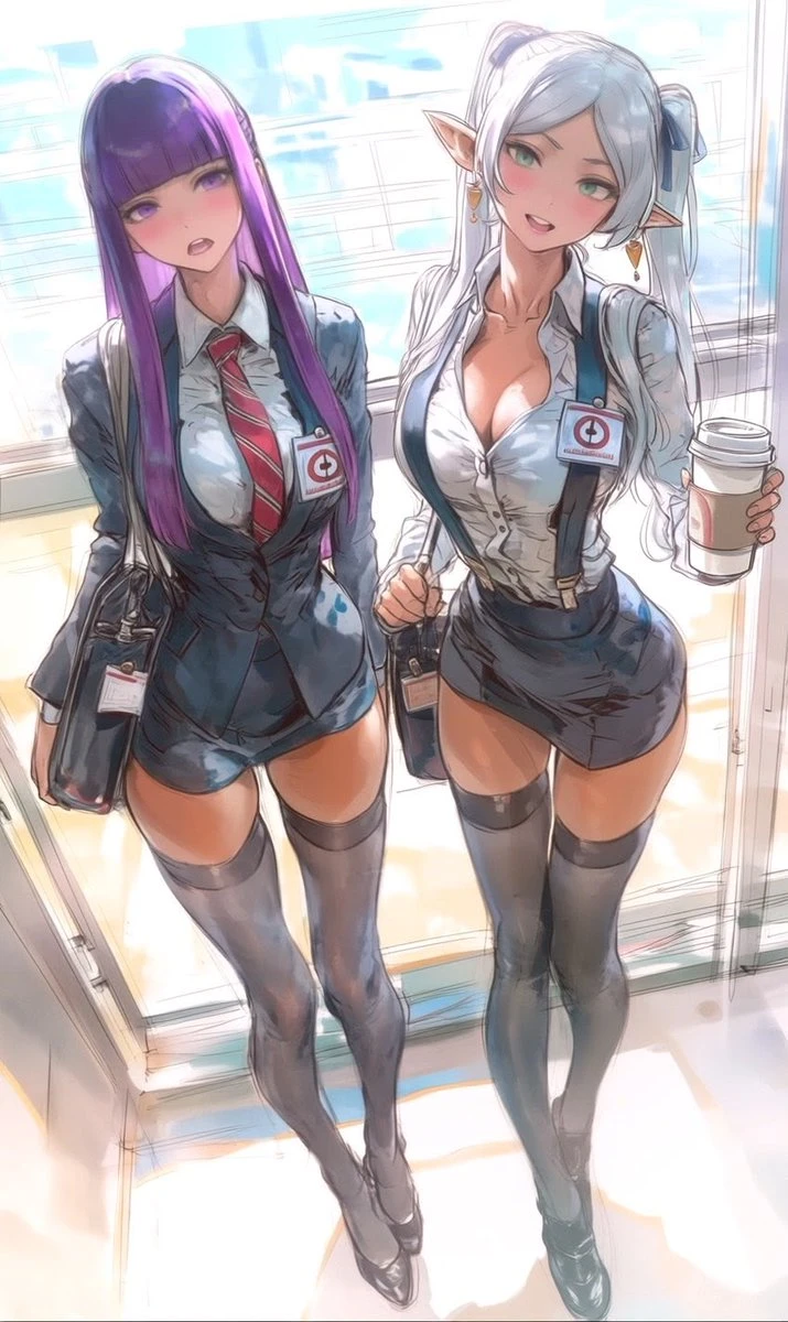 Two anime office commuter girls in black uniforms standing together in a bright train-station scene