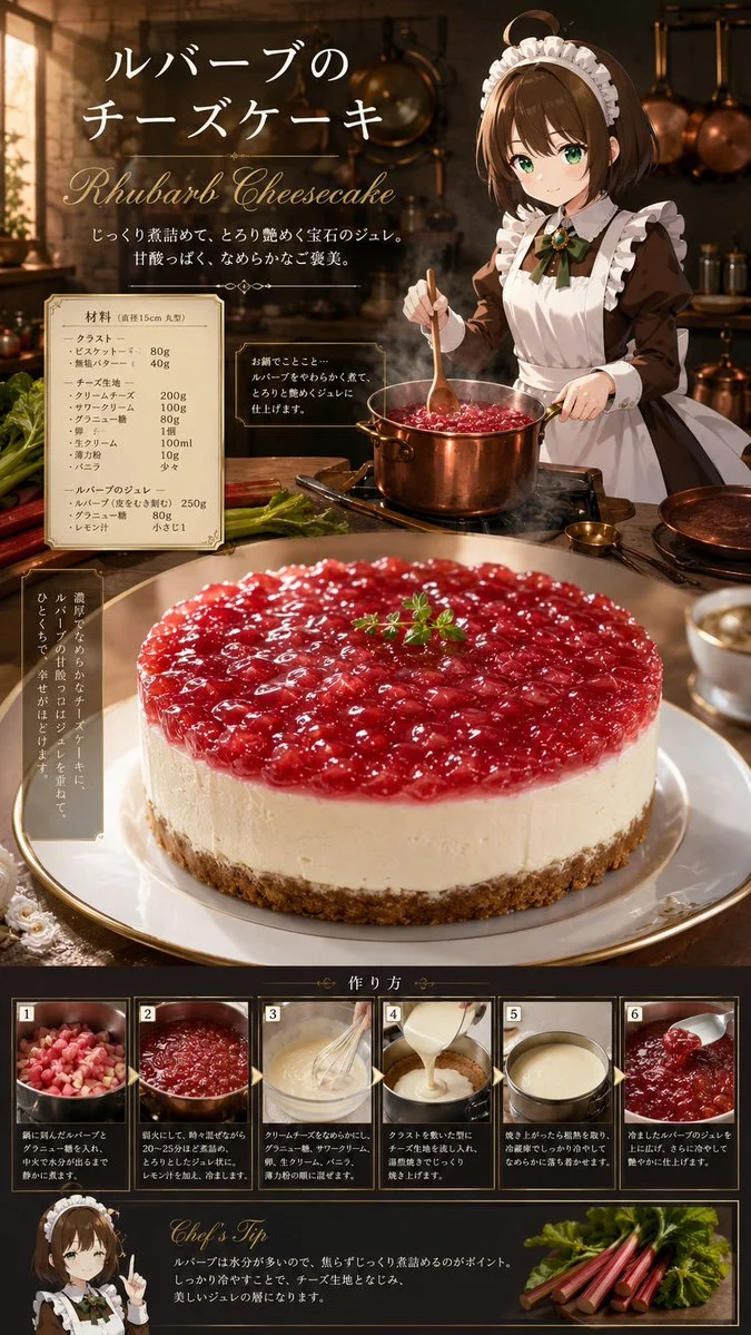 Anime Rhubarb Cheesecake Recipe Poster with structured labels, readable hierarchy and presentation-ready information design