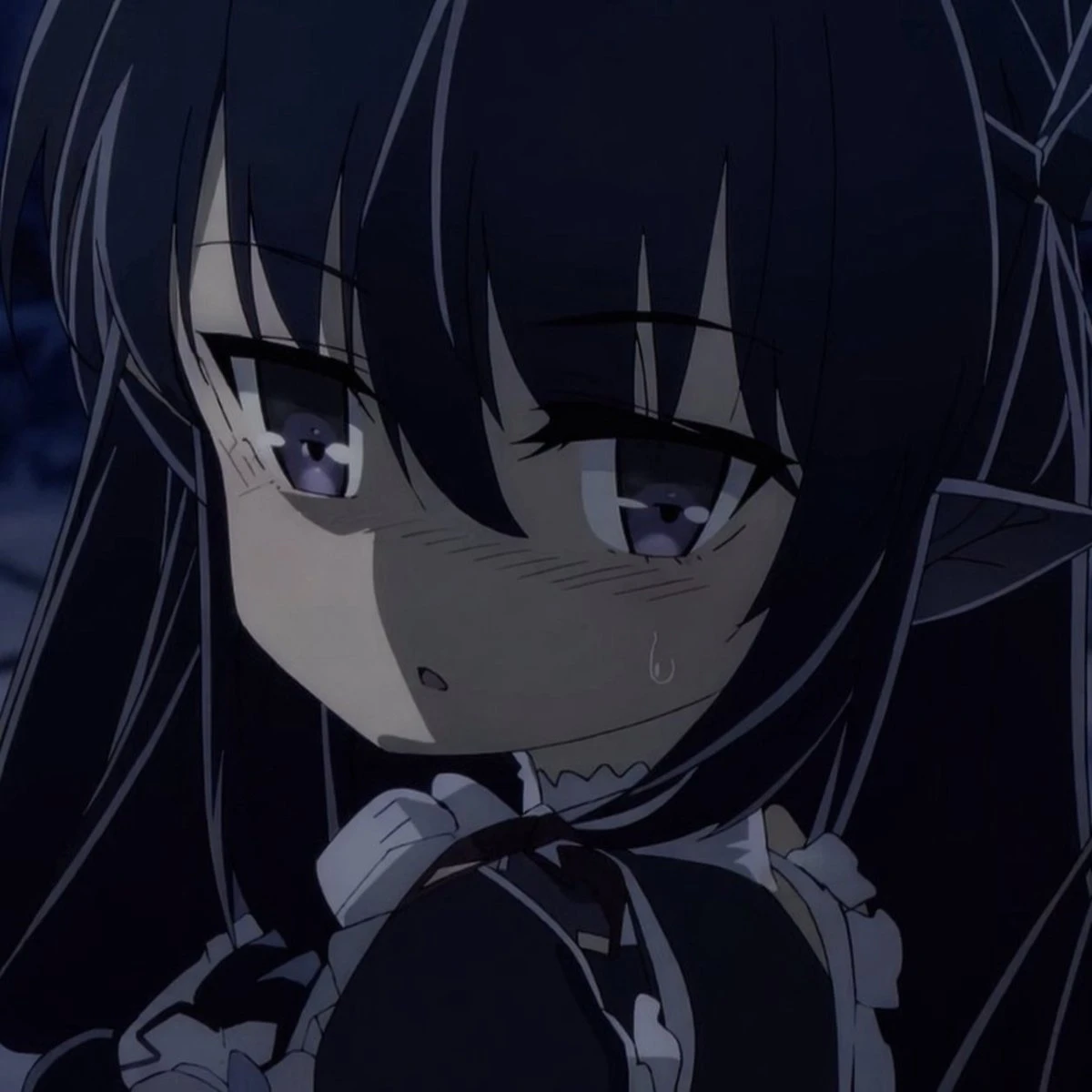 A close-up of a character with long dark hair and purple eyes, displaying a subtle expression in a dimly lit setting
