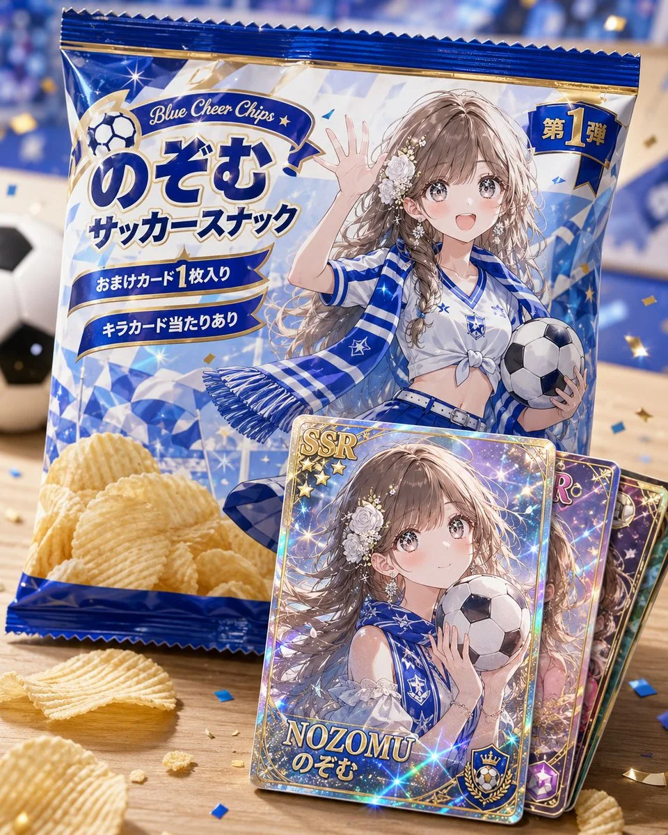 A glossy blue-and-white potato chip bag featuring a cheerful anime girl with long light-brown hair and a soccer ball, set against a blurred stadium background.