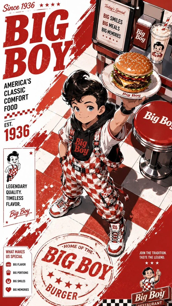 A cartoon character in checkered outfit holds a burger in a diner setting with branding elements.