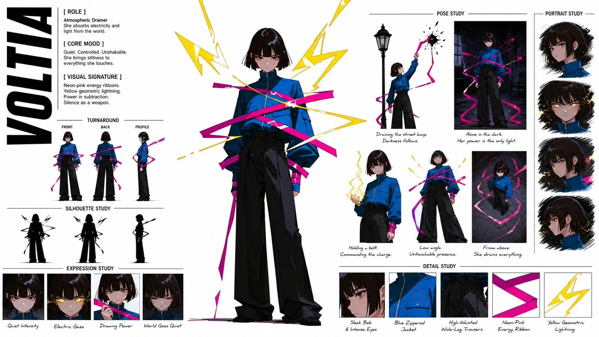 Anime-style character concept sheet with full-body design and supporting detail views