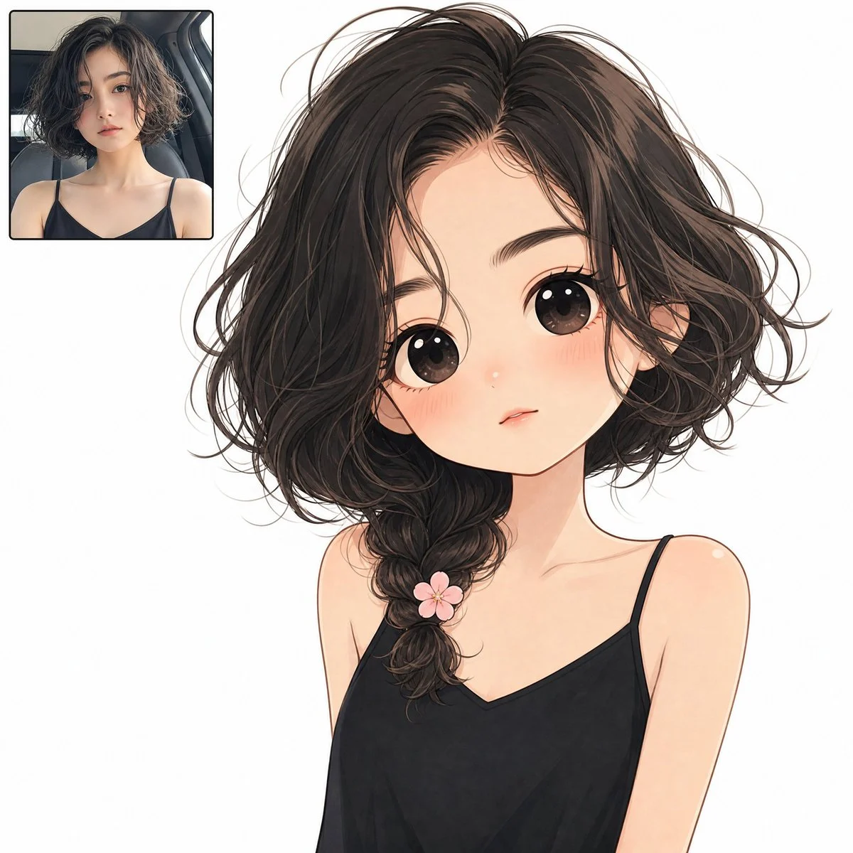 Cute anime twin chibi avatar layout with a realistic source-photo inset on a clean white background