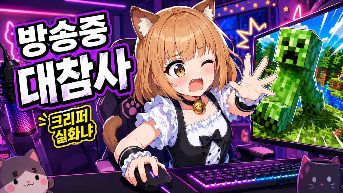 A cute catgirl VTuber in a black-and-white maid outfit energetically interacts with a gaming setup in a neon-lit streamer room