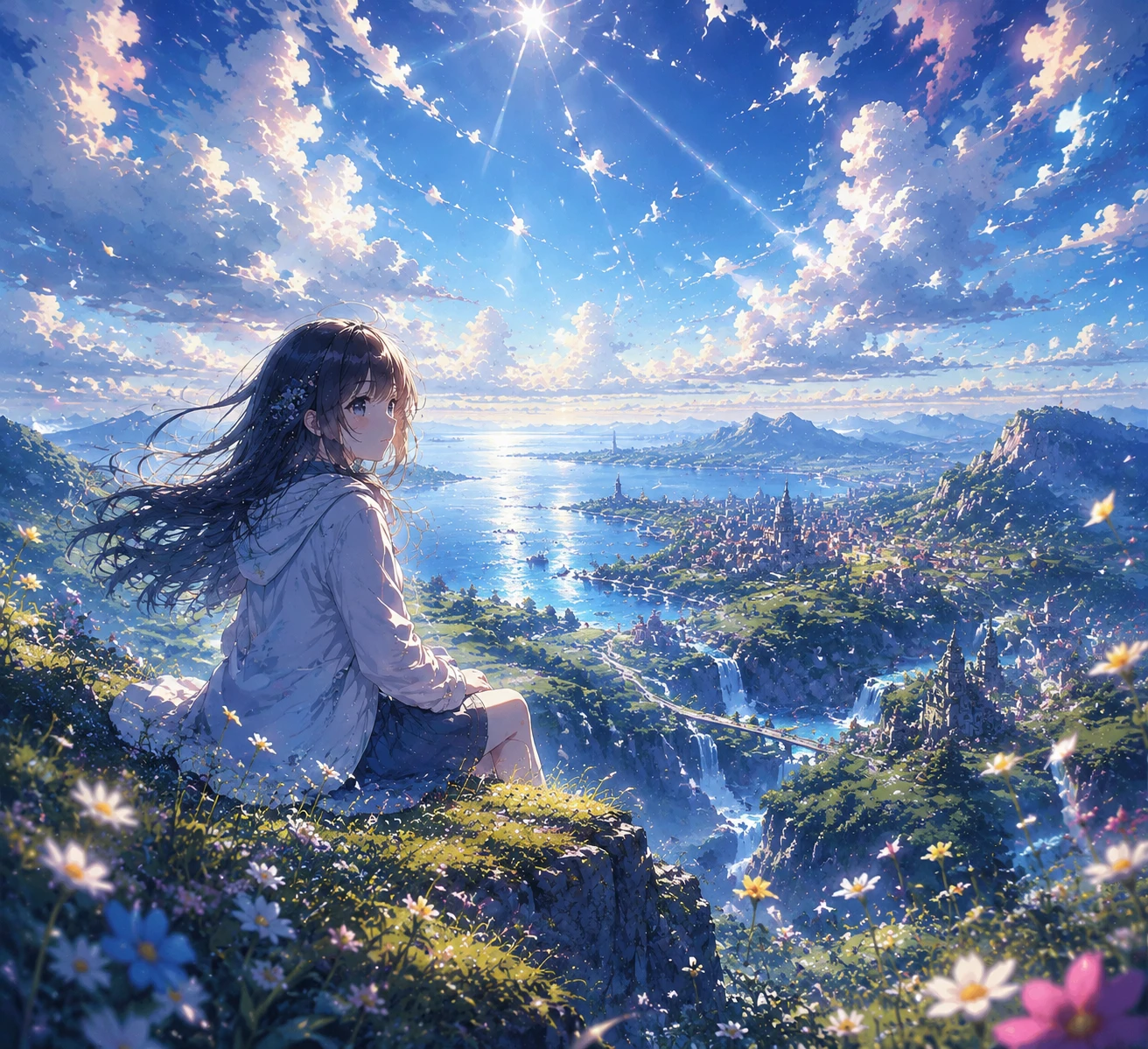 A girl with flowing hair sits on a cliff, overlooking a vibrant landscape of mountains, water, and a colorful sky filled with clouds