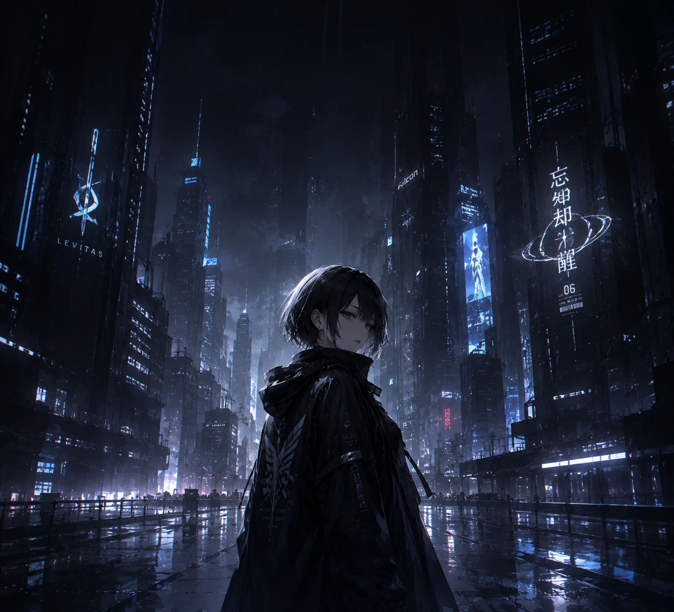 A female anime character with short hair stands in a futuristic, dark cityscape, illuminated by neon lights and digital displays