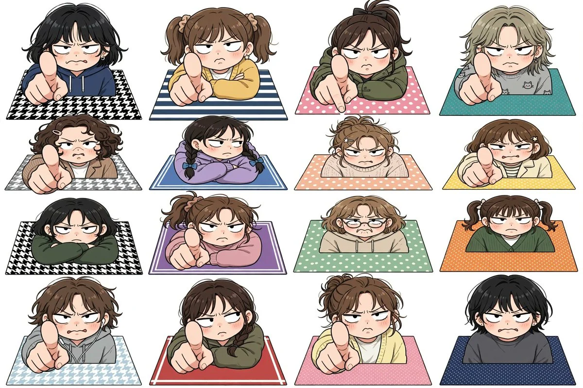 Annoyed chibi character sticker sheet with 16 expressive figures on a clean white background