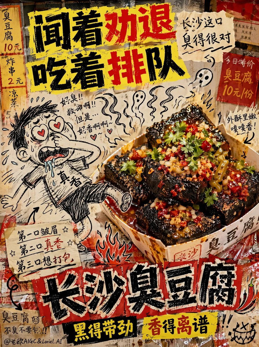 Chaotic anti-design poster for Changsha stinky tofu with doodles, bold Chinese text and a food photo