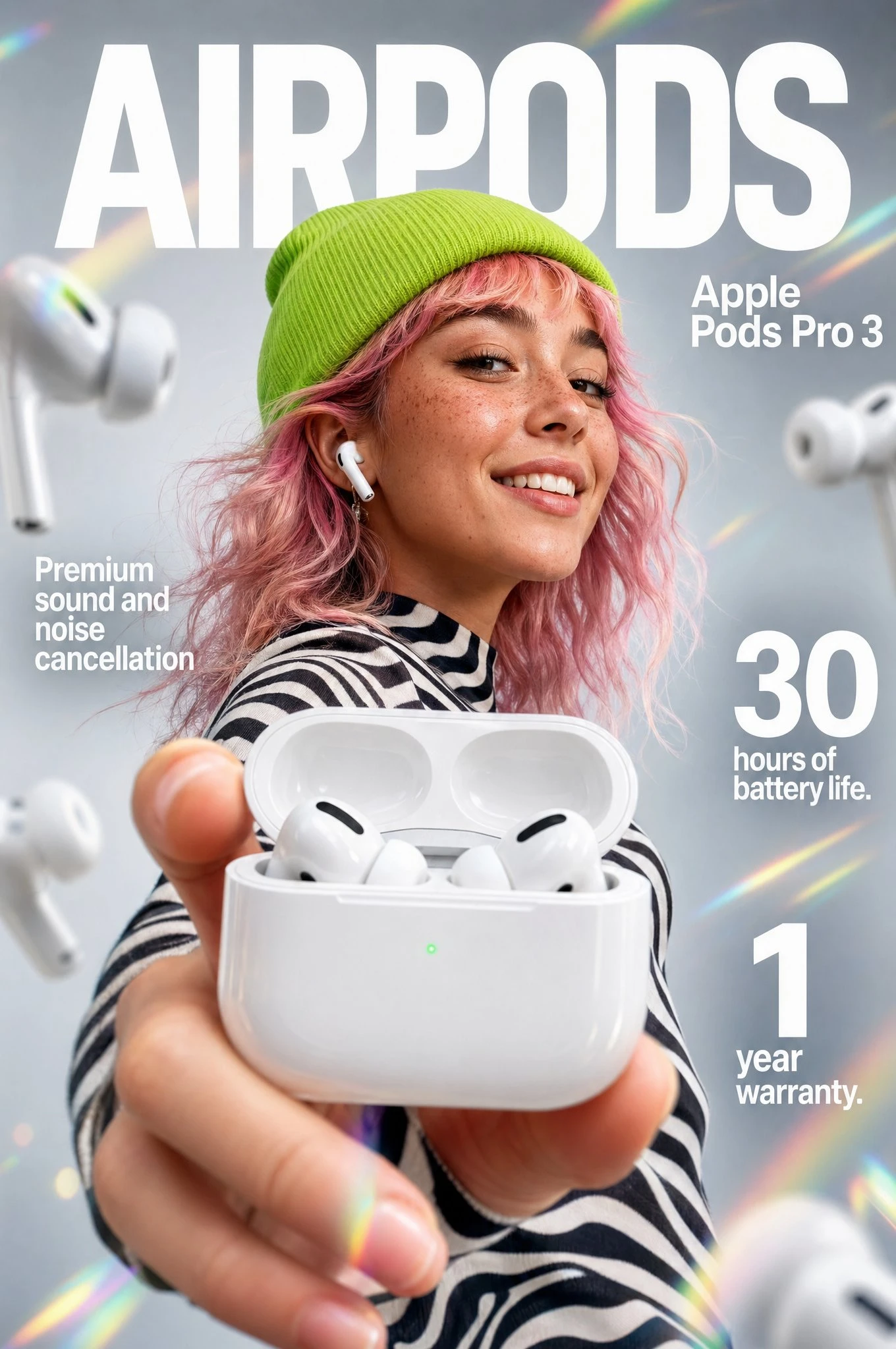 A young woman with pink hair and a green beanie holds an AirPods Pro 3 charging case in an e-commerce infographic.