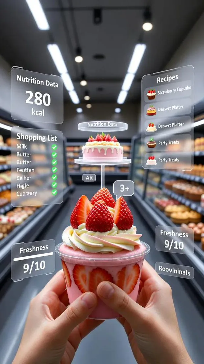 First-person grocery aisle AR interface with hands holding a strawberry dessert cup and floating nutrition, recipe and freshness overlays