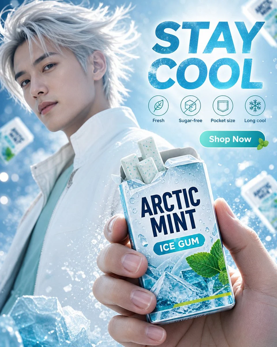 Arctic Mint Gum Commercial Photography with structured labels, readable hierarchy and presentation-ready information design