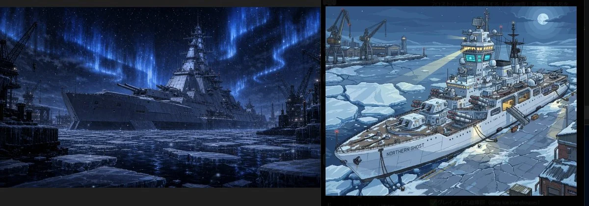 Arctic Warship Style Comparison with side-by-side visual comparison, clear panel structure and readable style contrast
