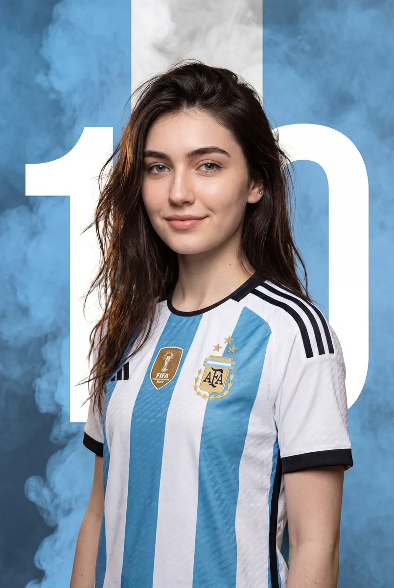 Argentina number 10 football poster with a young player, smoky flag-color bands, and bold white typography