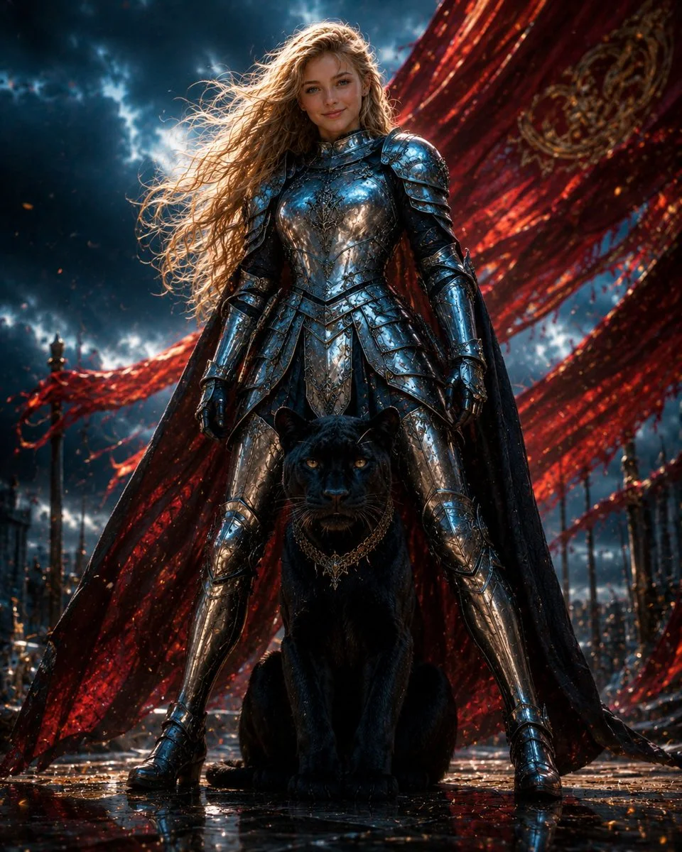 A cinematic fantasy poster prompt featuring a silver-armored heroine standing with a black panther beneath sweeping crimson banners