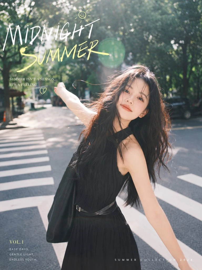 Summer city portrait of an Asian woman in black posing on a sunny crosswalk with handwritten text overlay