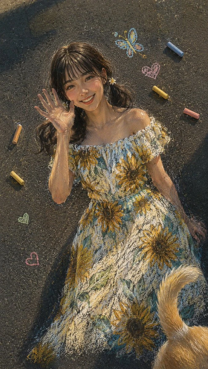 Chalk-art portrait of a smiling woman drawn on asphalt with small scattered chalk pieces around her