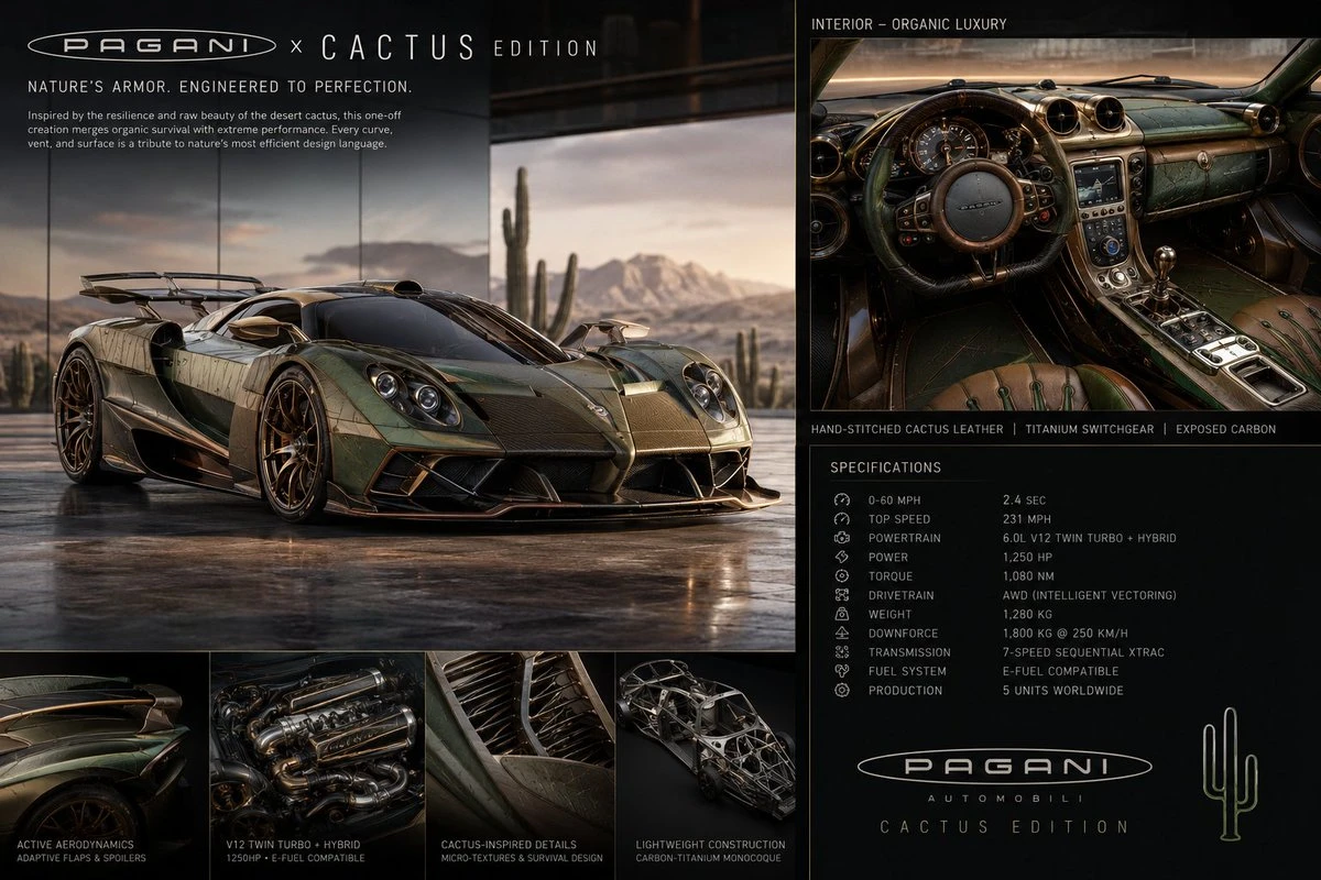A Pagani hypercar in a desert setting showcases a blend of aggressive angles and organic design, featuring exposed carbon and cactus-inspired details