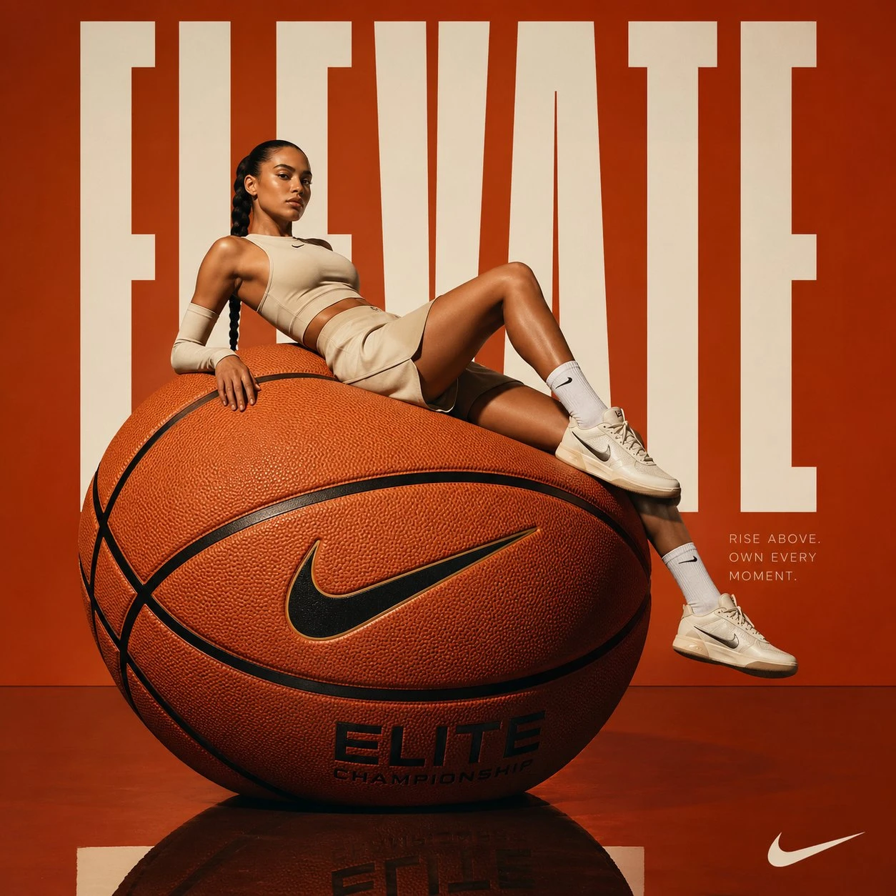 A female athlete reclines on an oversized basketball against a burnt orange backdrop, with the bold word "ELEVATE" prominently displayed