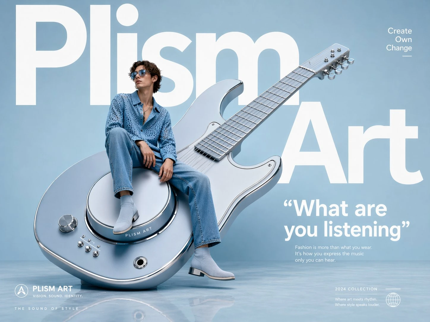 An oversized guitar sculpture serves as a seat for a casually dressed guitarist, set against a pastel background with bold typography