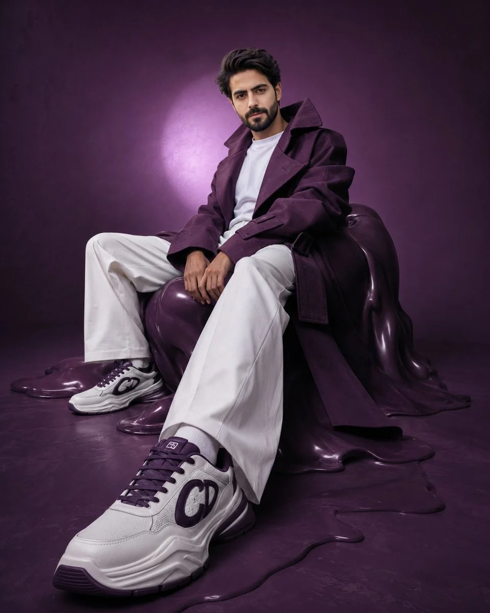Avant-garde purple fashion editorial with sculptural styling, dramatic color, and high-fashion campaign lighting