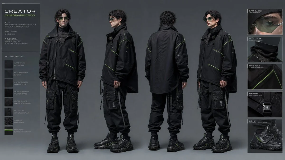 Avant-garde techwear character design sheet with garment sketches and material details