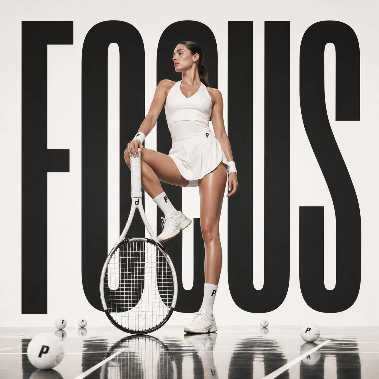 A female athlete in white sportswear poses confidently with a tennis racket against bold black typography reading "FOCUS" on a reflective floor