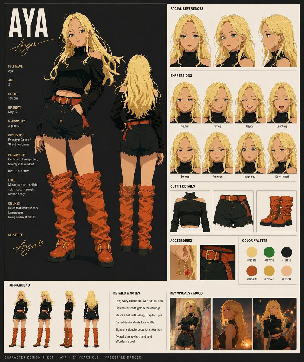 An anime character design sheet for Aya, a freestyle dancer with pose references, outfit details, and polished production layout