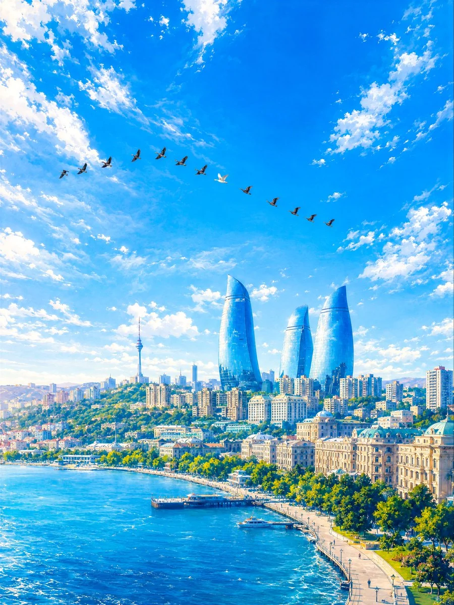 Baku Flame Towers Aerial Scene with scroll-ready composition, strong focal subject, and polished social post styling