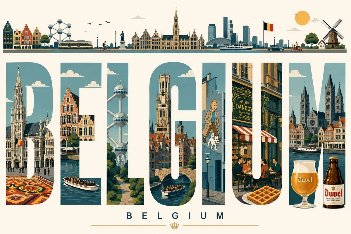 Bold, condensed letters spelling "BELGIUM" feature detailed illustrations of iconic landmarks and cultural scenes from Belgium, set against a light background
