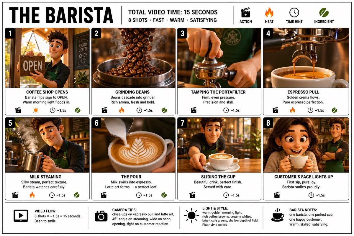 Barista 8-Shot Pixar Storyboard portrait GPT Image 2 prompt example