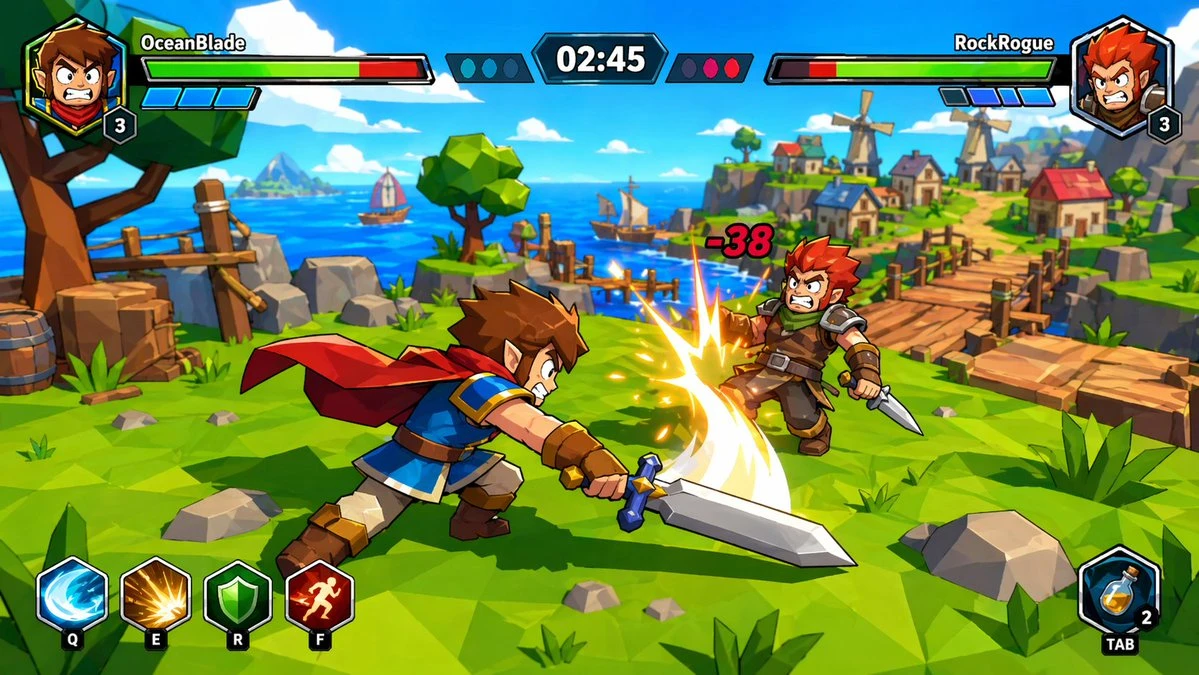 Two animated characters engage in a sword fight in a colorful, cartoonish landscape inspired by a fantasy adventure game