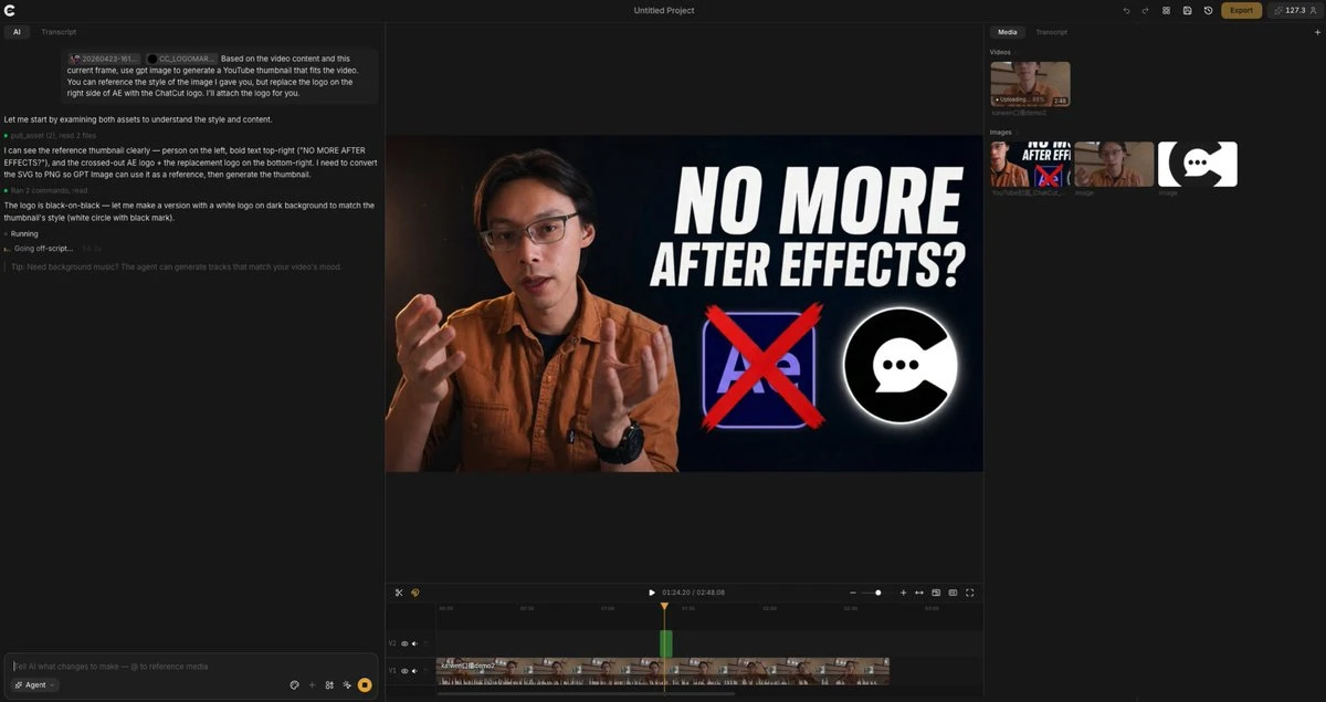 A young man gestures while discussing video editing, with bold text stating "NO MORE AFTER EFFECTS?" and logos on a dark background