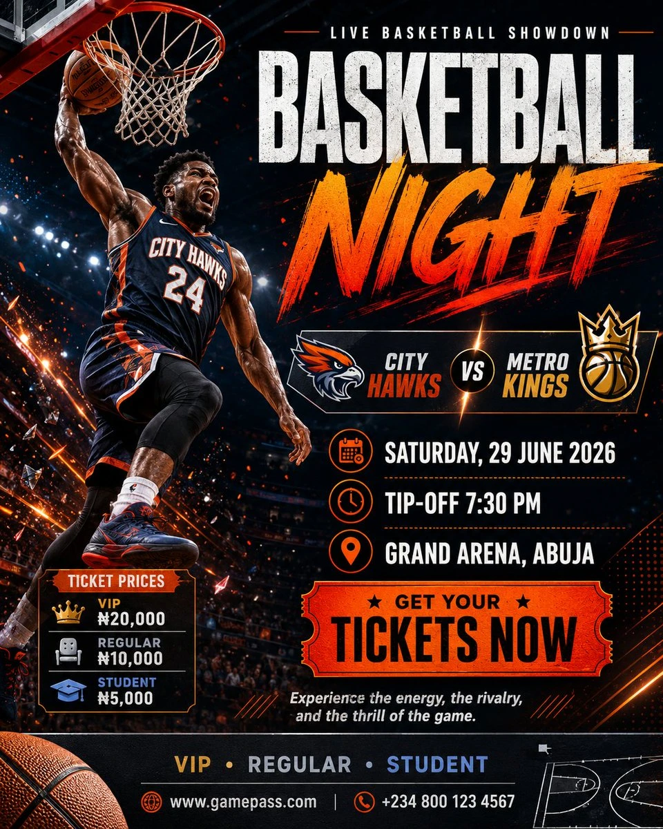 A male basketball player in mid-air performs a powerful dunk against a dramatic arena backdrop, featuring bold typography and vibrant colors for a game event