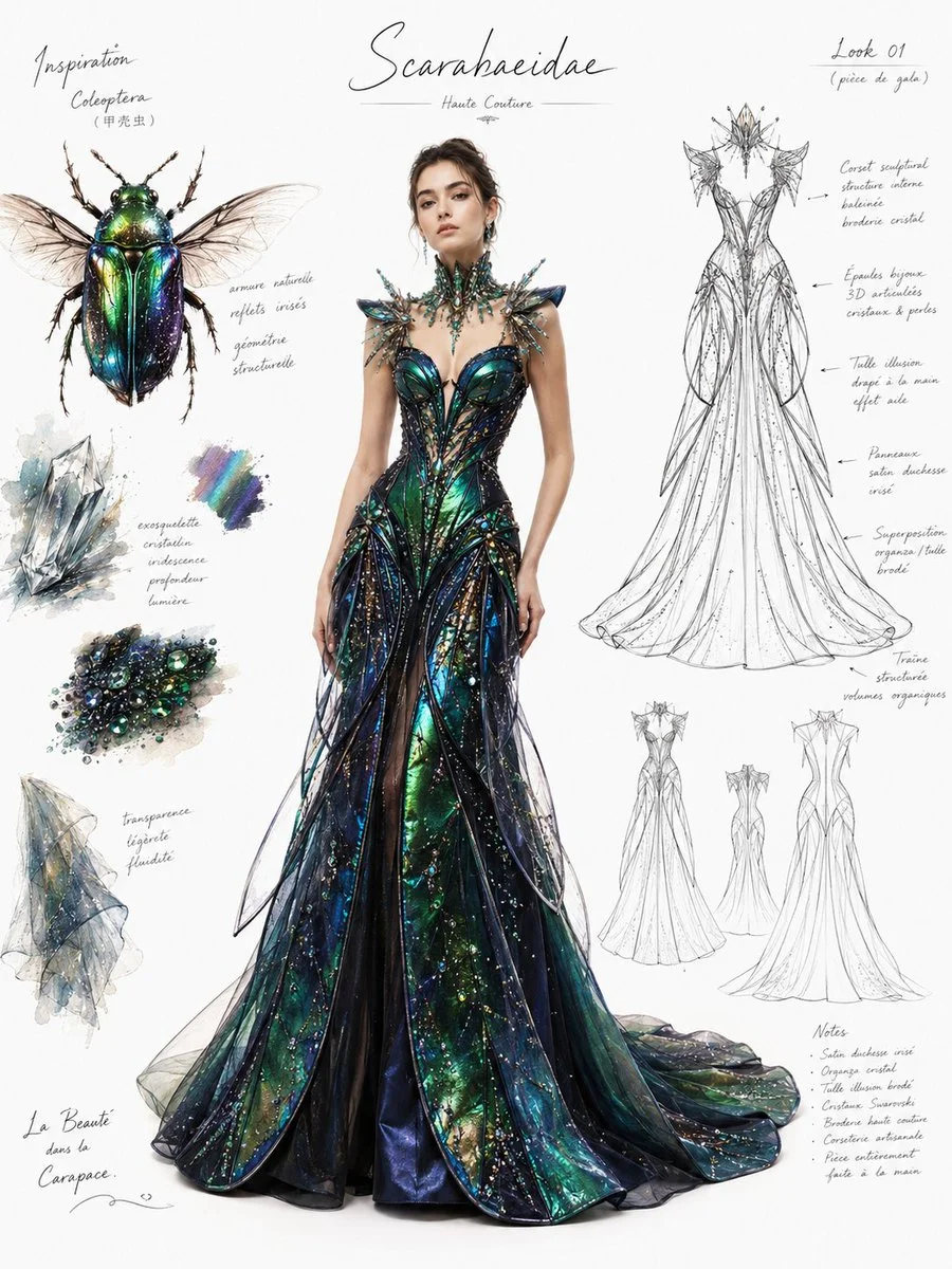 Beetle-Inspired Couture Fashion Sheet portrait GPT Image 2 prompt example