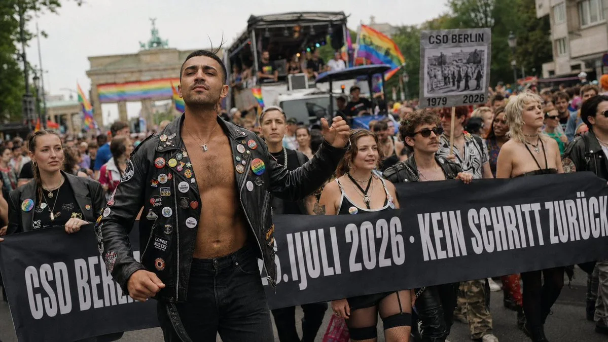 Marchers in leather jackets and combat boots hold a banner during the Christopher Street Day parade in Berlin, with rainbow flags in the background.