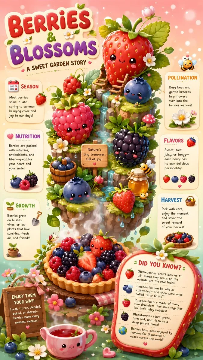 Cozy kawaii berry infographic poster shows smiling strawberries, blueberries and blackberries with nutrition and harvest cards