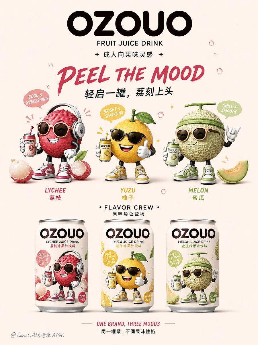 Beverage Brand Visual Identity Poster with fruit drink lineup, mascot system and polished product launch branding