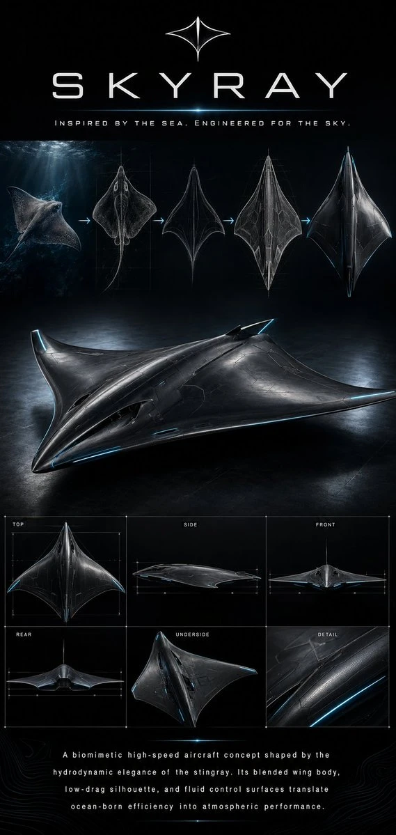 Futuristic aircraft concept inspired by a stingray, featuring a sleek blended-wing design and illuminated accents against a black background