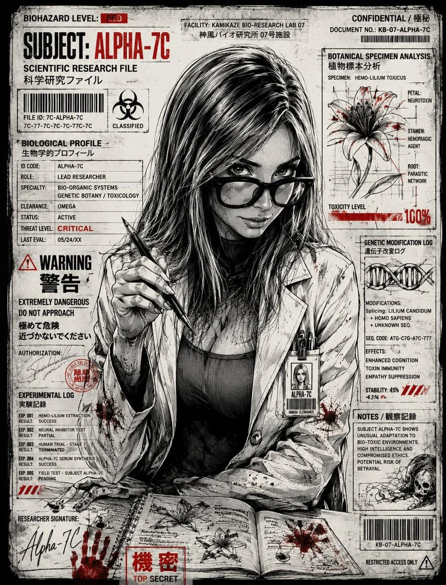 Biopunk Horror Manga Technical Dossier with structured educational layout, readable annotations and clean visual hierarchy