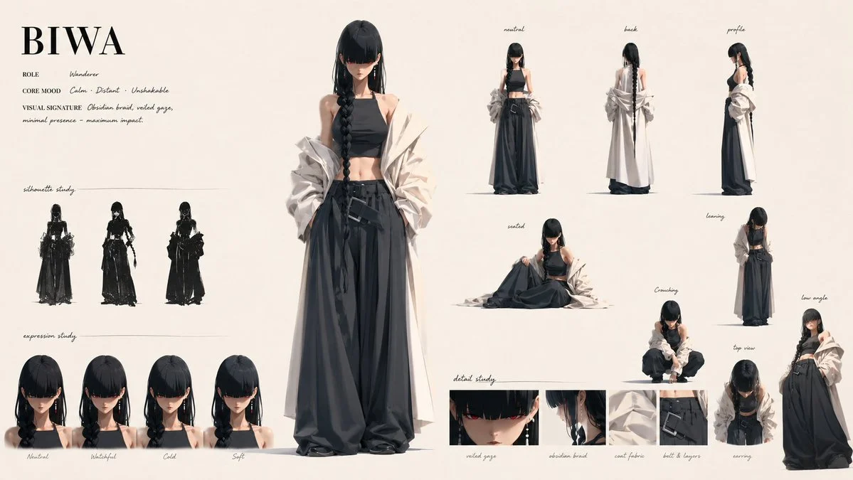 BIWA Anime Character Sheet with sequential storytelling, expressive character design and cinematic panel composition