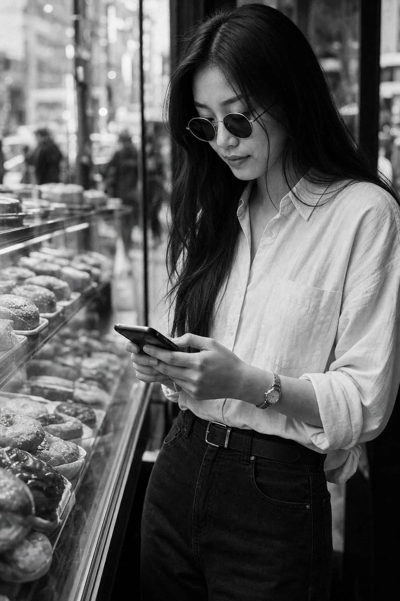 Black and White Bakery Street Portrait social media visual