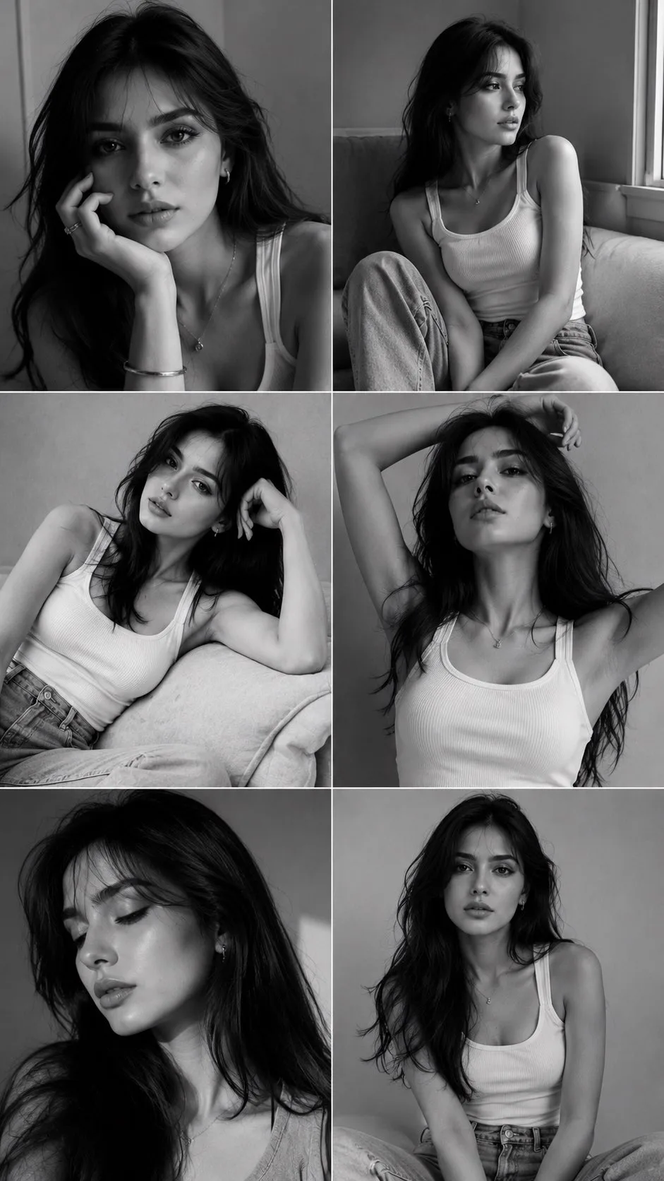 Black-and-white fashion portrait grid showing multiple editorial poses of the same woman in a white sleeveless top