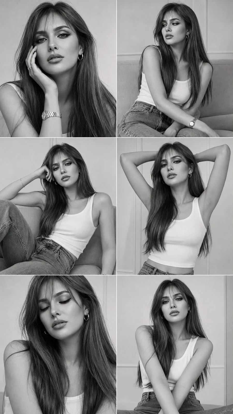 GPT Image 2 prompt example showing a black-and-white fashion portrait collage grid of the same woman in six poses