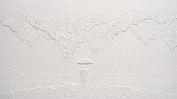 A refined white-on-white blind-embossed paper composition with subtle raised texture, museum lighting, and minimalist craft detail