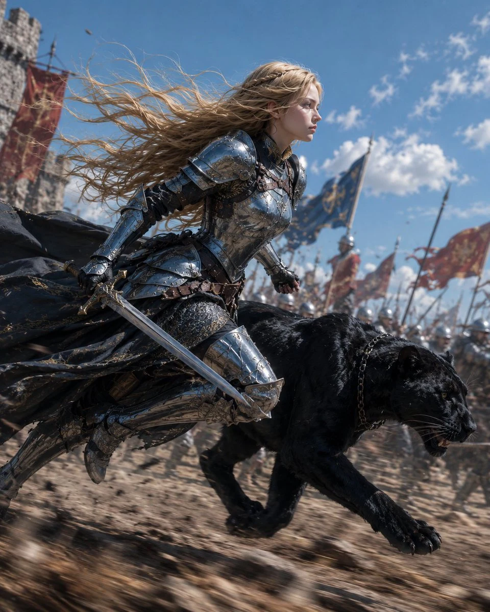 Blonde knight charging into battle beside a black panther, with fantasy armor, motion, and dramatic action lighting.