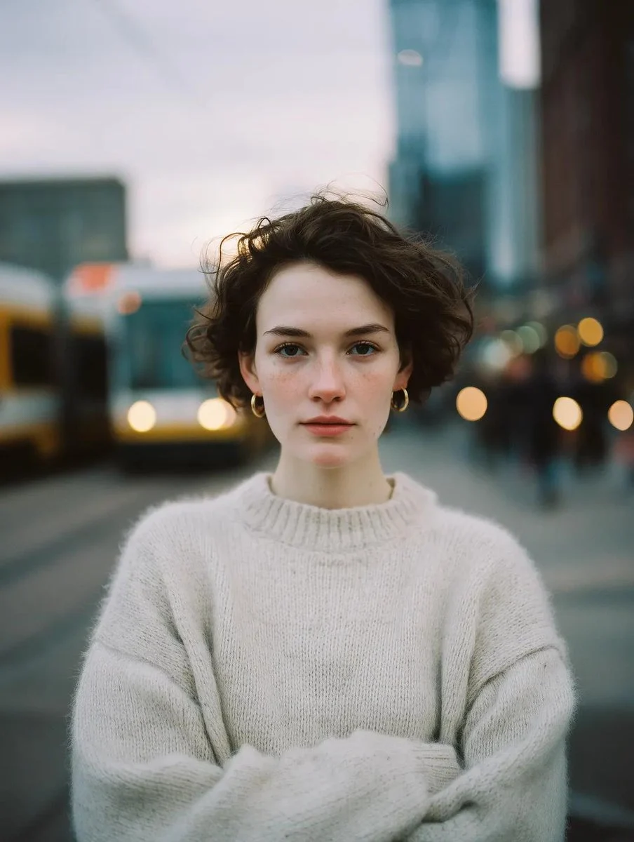 Blue Hour Street Portrait with expressive portrait lighting, detailed styling and a polished editorial mood