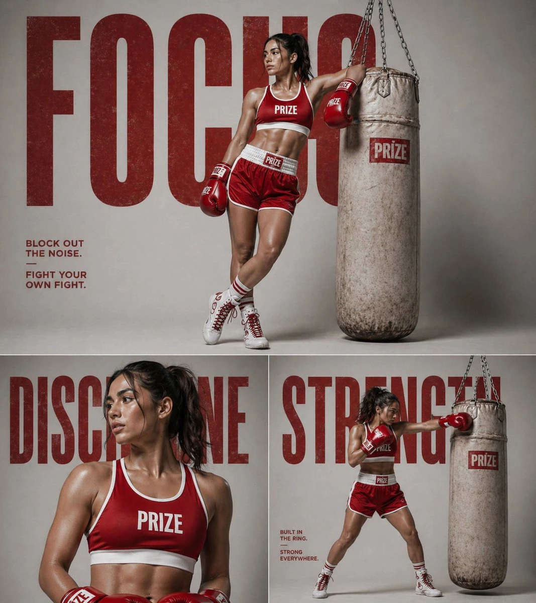 A female boxer in red gear poses confidently beside a heavy bag, with motivational words highlighting focus, discipline, and strength