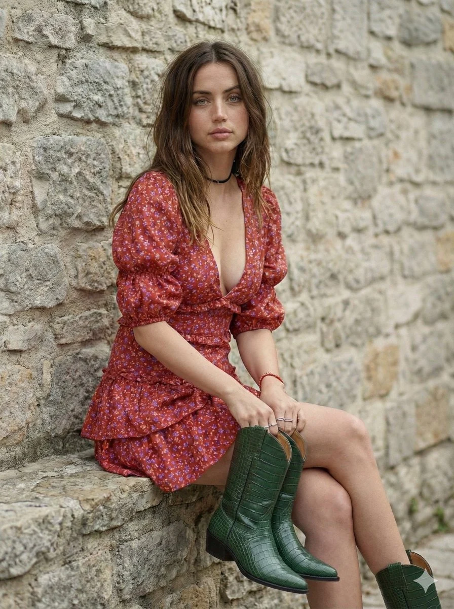 A young woman in a red floral boho mini dress leans against a rough stone wall while holding a dark green cowboy boot